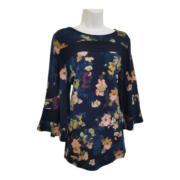 NINA Leonard navy blue floral Jersey top with flare sleeves size L - Picture 3 of 11
